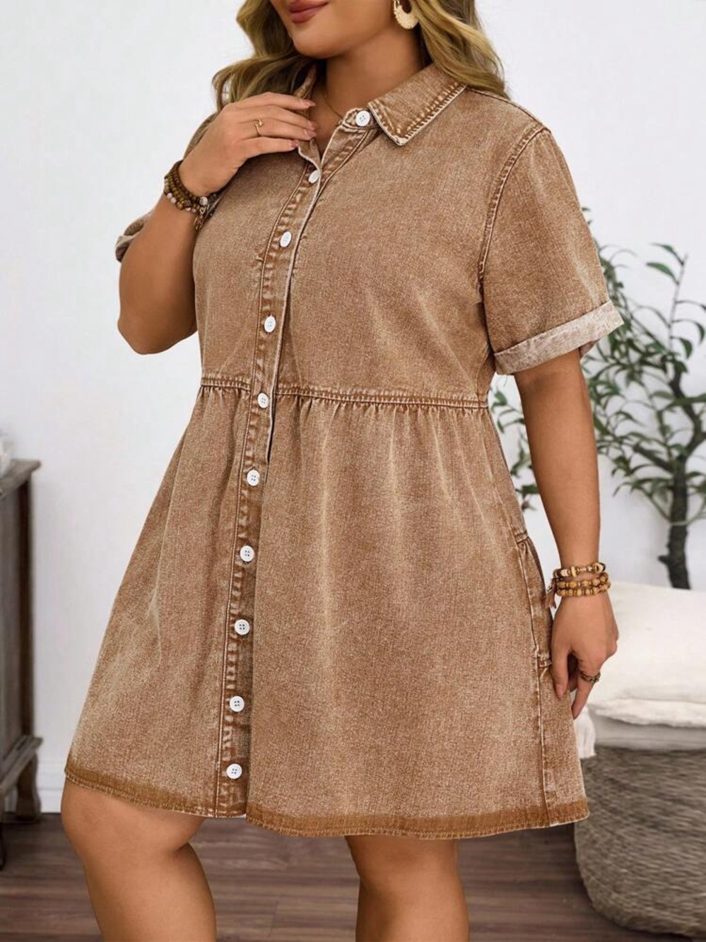 Washed Tan Button-Front Mini Dress Small